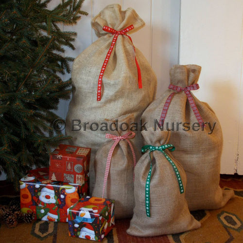 Rustic Christmas Hessian Sack + Ribbon, Close Weave Gift Bag, Stocking