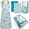 Teal Leaf Kitchen Textile Set - Apron, Oven Glove, Tea Towels - Gift Set