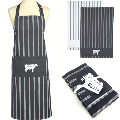 Butchers Kitchen Textile Set - Apron & 2 Coordinating Tea Towels - Gift Set